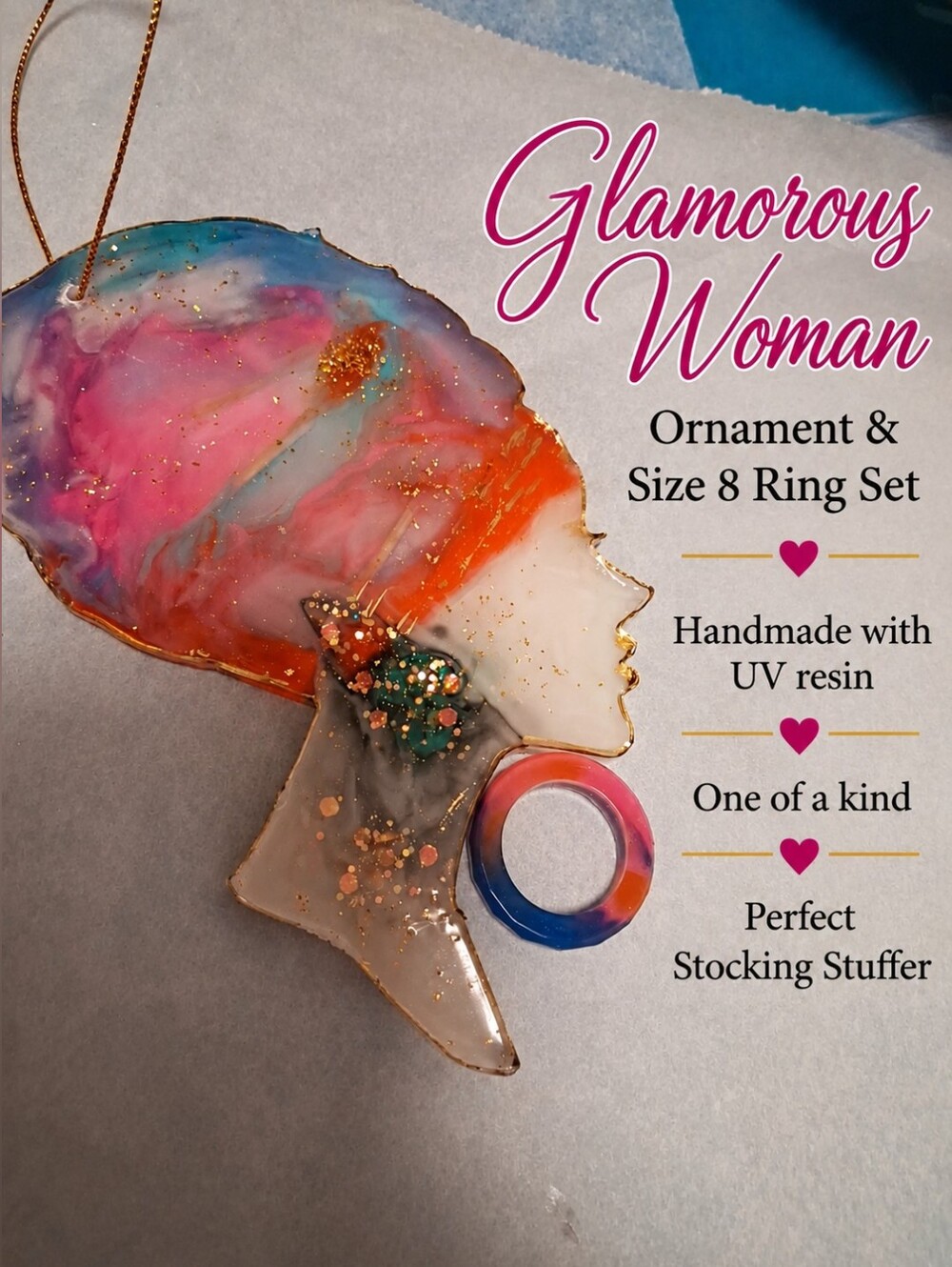 Handmade Multicolor Resin Ornament & Size 8 Ring Set - Glamorous Woman